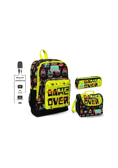 Coral High Game Over Baskılı Erkek Çocuk İlkokul Çanta Seti - Usb