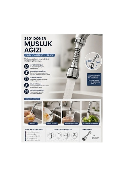 Musluk Ucu Başlığı 360 Derece Hareketli - Tasarruflu Musluk Ucu Eki