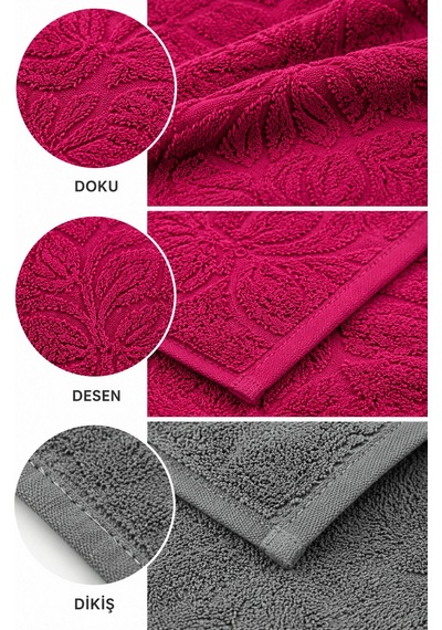 2'li Jakarlı Büyük Boy Banyo Havlusu 90x150 Cm %100 Pamuk Lorea 650 Gr Fuşya-gri