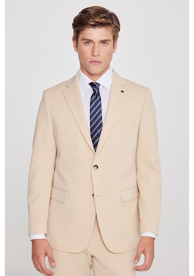 Erkek Bej Slim Fit Dar Kesim Mono Yaka Beli Bağlamalı Kapak Cepli Esnek Takım Elbise Bej