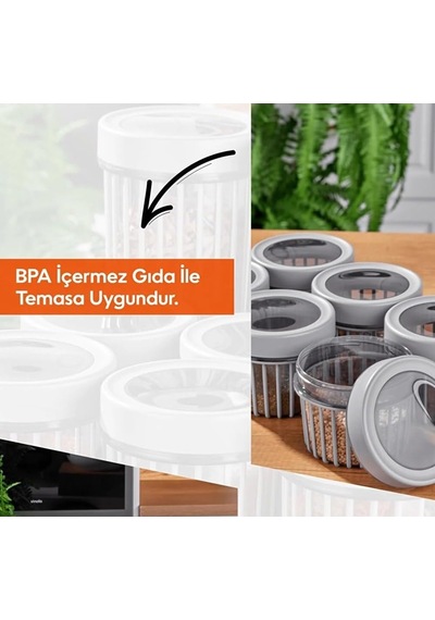 3'lü Çevir Aç Kapak Kavanoz Plastik Saklama Kabı Seti, Büyük, Orta, Küçük, 3 Boy Bej Açık Gri