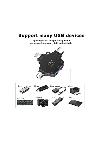 Wayona 4'ü 1 Arada Otg Adaptörü Flash Bellek Konnektörü, Otg Adaptörü, Siyah Standart