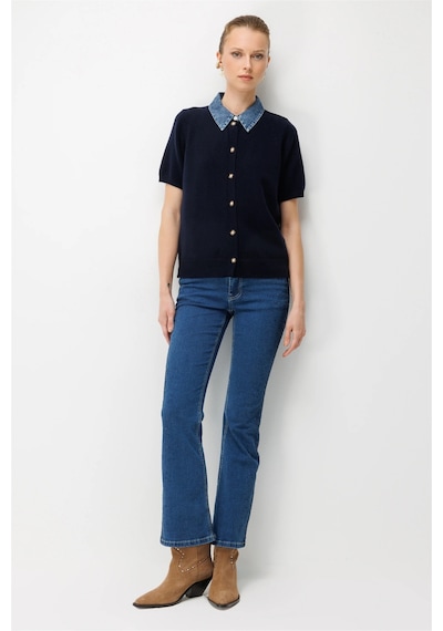 On Kadın Denim Detaylı Kısa Kollu Triko Hırka 10509 Lacivert