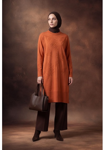 Armine Trend Yaprak Desenli Bisiklet Yaka Uzun Kollu Fitilli Detaylı Tunik Şeftali 26ktd408 Somon