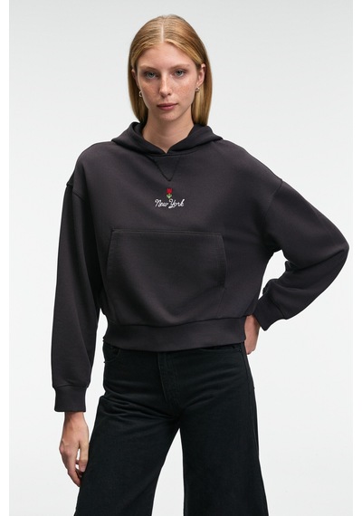 Grimelange ISADORA Kadın Kapüşonlu Nakış Detaylı Regular Fit Crop Antrasit Sweatshirt