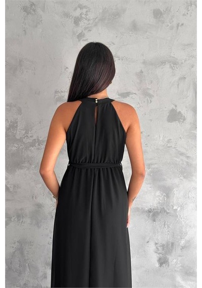 Neşeli Butik Kadın Gül Broş Detaylı Uzun Şifon Elbise Nbk2144 Siyah