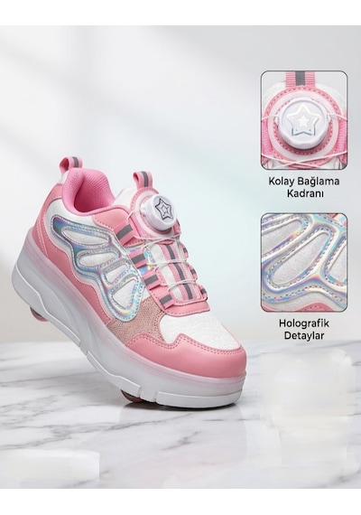 Kız Çocuk Patenli Kaykay Tekerlekli Işıklı Rahat Spor Ayakkabı&yeni Model Hologramlı Koyu Pembe