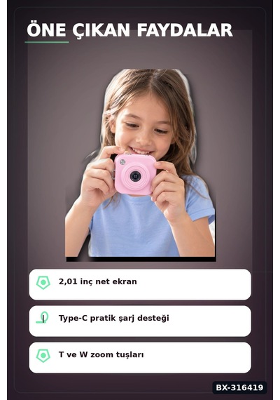 Mini Dijital Fotoğraf Makinesi 2.01 İnç Ekranlı Type C Şarjlı Pembe Kamera Bx-316419