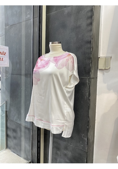 Pera Moda Büyük Beden Baskı Desenli Kısa Kollu Bluz Gömlek Pembe