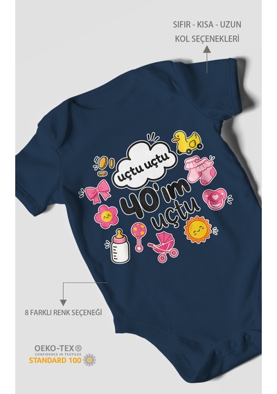Morivokids Uçtu Uçtu 40'ım Uçtu Kısa Kollu Bebek Body %100 Pamuk Lacivert