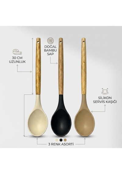 30 Cm Bambu Saplı Silikon Servis Kaşığı, Derin Hazneli Yemek Kaşığı, Makarna Sebze Pilav Ve Günlük Servis İçin Mutfak Kaşığı, Askı Delikli, 3 Renk Asorti Karışık Gönderim