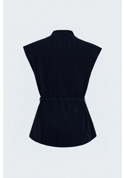 Sateen Çizgi Desenli Kemer Detaylı Yelek - Lacivert-138048