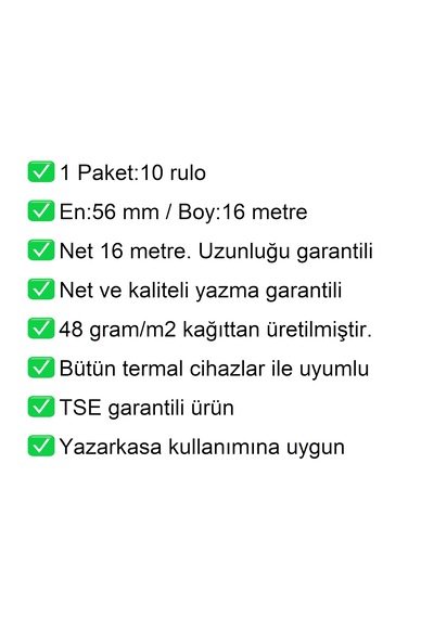 56x16 Metre Termal Kredi Kartı Ve Yazarkasa Pos Rulosu 1 Paket:10 Adet Rulo