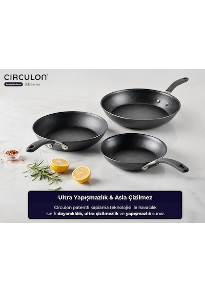 Circulon Çizilmez Yapışmaz 3'lü Kızartma Tava Seti - 22cm, 26cm, 28cm Siyah