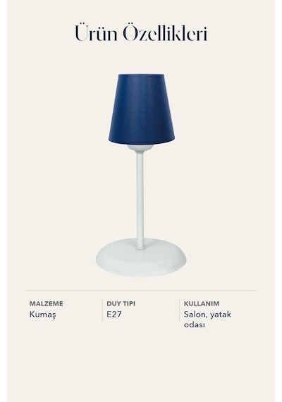 Metal Ayaklı Konik Kumaş Abajur Masa Lambası Lacivert Salon Yatak Odası