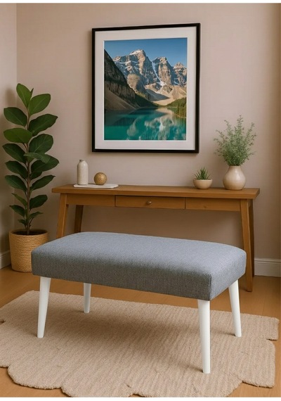 Waterybrook Bench Bank - Keten Kumaş - Beyaz Ahşap Ayaklı - 90x45 Cm - Modern Retro Tasarım - Oturma Pufu Açık Gri