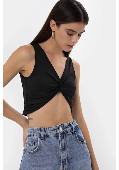Hiccup Düz Renkli Fitilli Ön Kıvrık Crop Top Siyah