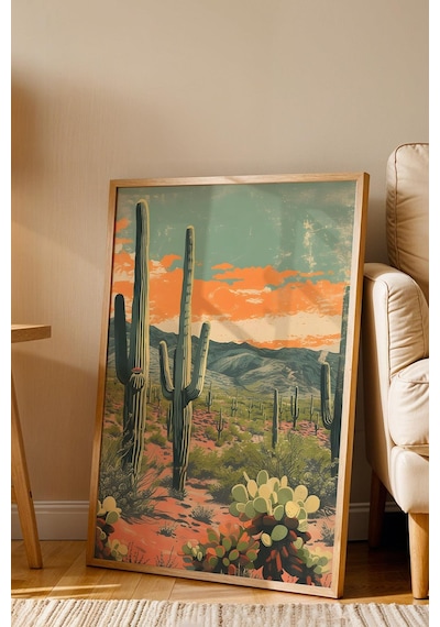 Saguaro Kaktüsü Ve Çöl Bitkileri Çerçeveli Tablo - Pop Art Poster Tablo