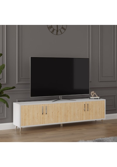 Asra Trend Tv Ünitesi T-02 %100 MDF 160 cm Tv Sehpası 4 Kapaklı Raflı Beyaz-Safir Meşe