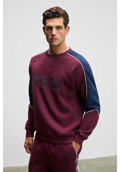 Grımelange Hercules Erkek Bisiklet Yaka Önü Nakışlı Kolları Biyeli Bordo Sweatshirt Bordo