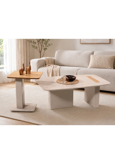 Ganni Home Venedik Orta-zigon Sehpa Seti Traverten Meşe Gri, 2 Li Modern Sehpa Takımı