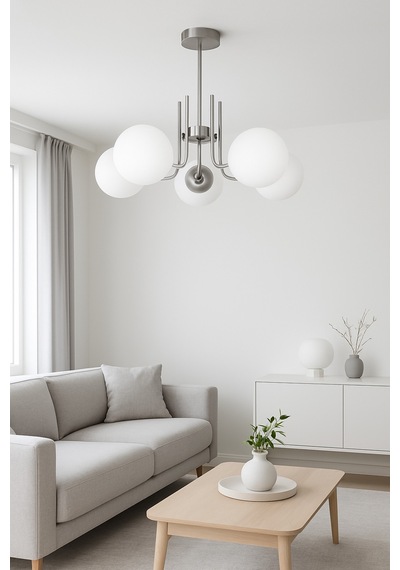 Vien Modern Tasarım Salon Yemek Odası Mutfak Renk Camlı Sarkıt 5li Avize Gri Beyaz Gri Beyaz