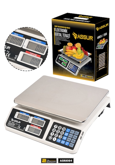 Assur Asr8084 Şarjlı Akülü Fiyat Hesaplamalı 40 Kg Dijital Terazi Beyaz