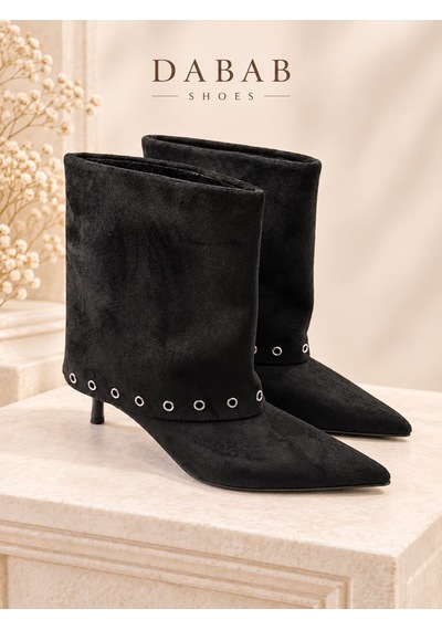 Dabab Shoes Lucıa Kadın Siyah Süet Görünümlü Metal Halka Detaylı Sivri Burun 5 Cm İnce Topuklu Kısa Bot Bootie