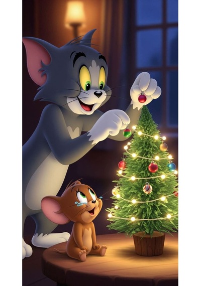 Tom Ve Jerry Yılbaşı Temalı Cam Tablo Çocuk Odası & Salon Dekorasyonu, Dekoratif Duvar Tablosu