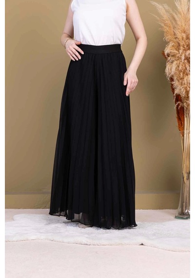 Lodmela Beli Lastikli Pliseli Şifon Pantolon 6030-siyah Siyah