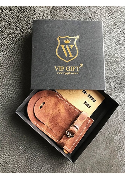 Vip Gift Voyager Bagaj Isimlik Valiz Bavul Etiketi Hakiki Deri Açık Kahverengi