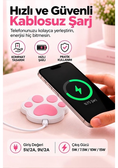 Torima Kablosuz Şarj Cihazı Kedi Patisi Görünümlü 15w Hızlı Şarj Pad Mc07 Beyaz 1 Adet