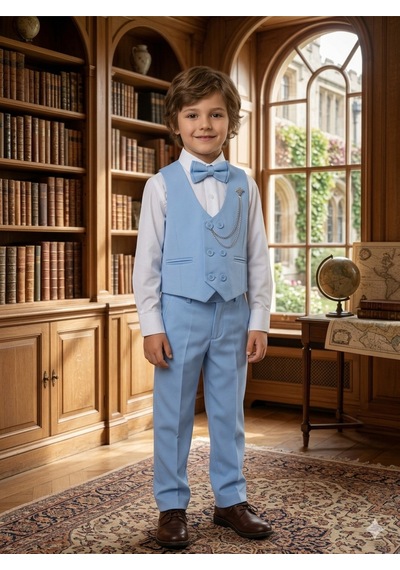 Baby Kids Colors Erkek Çocuk Smokin Takım Elbise 6 Düğmeli Yelekli Papyonlu Zincirli 4'lü Takım Mavi