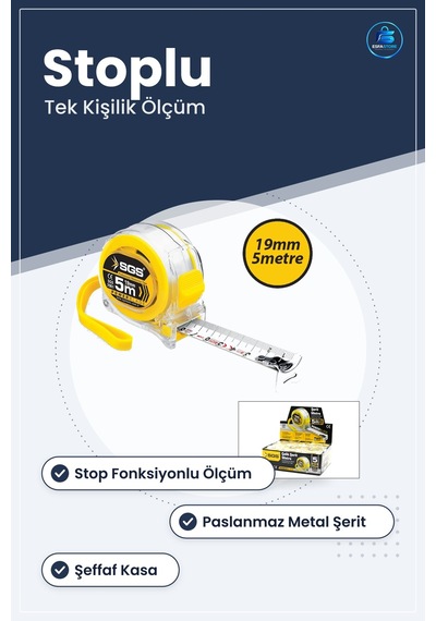 Şerit Metre 5 M X 19 Mm Şeffaf Kasalı Stoplu Çelik Ölçüm Aleti Pa