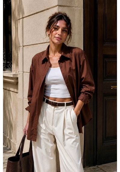 Bb Butik Basic Kadın Oversize Poplin Gömlek Uzun Kollu Basic Gömlek Tr0735 kahverengi
