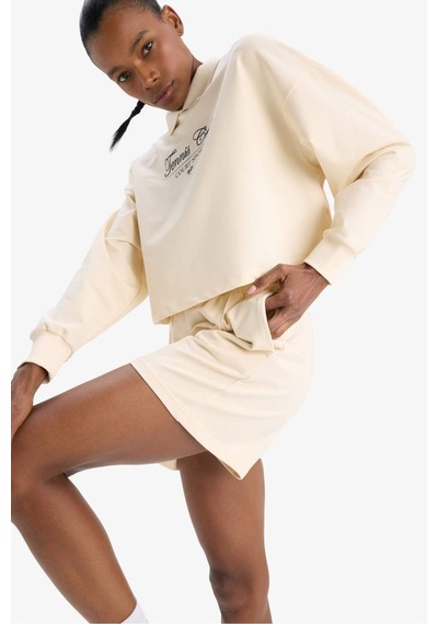 DeFacto Fit Oversize Geniş Kalıp Polo Yaka Baskılı Sporcu Kadın Sweatshirt - Ekru D7133AX25SPER109