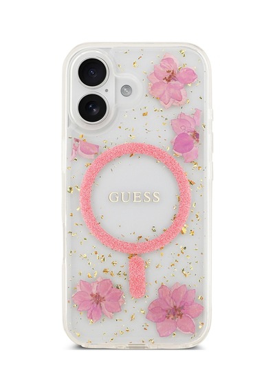 Apple Uyumlu iPhone 17 Kılıf Guess Lisanslı M-safe Özellikli Transparan Resin Flowers Kapak Pembe Pembe