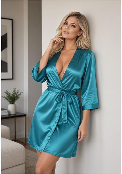 Sistina Zümrüt - 412 - Yeşili İpek Saten Sabahlık - 14009 - - Myceshop - Beden S Zümrüt Yeşili
