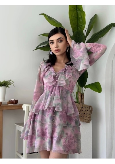 Defymoda Elose Fırfırlı Elbise Desenli