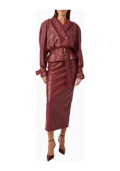 Rowen Rose Belted Maxi Skirt, Lüks Eco Leather Kuşaklı Ve Yırtmaçlı Deri Etek Koyu Kırmızı