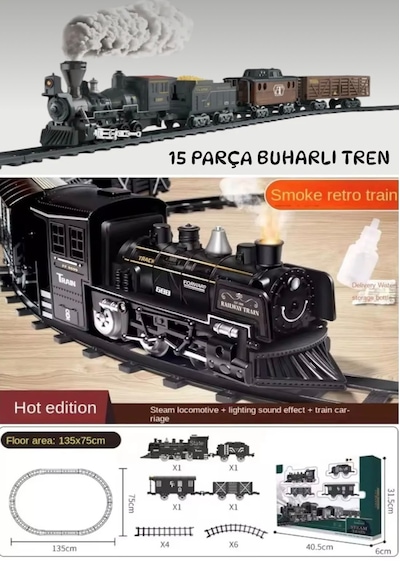 Oyuncak Işıklı Ve Sesli Buhar Çıkartan 15 Parça Tren Seti