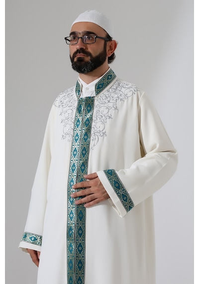 Nakış İşlemeli Hakim Yaka İmam Cübbesi, Çıt Çıtlı Cepli Namaz Cübbesi Yeşil Bordürlü - Krem Yeşil
