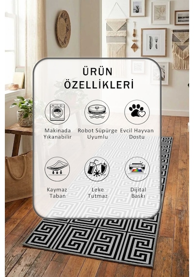 Yıkanabilir Yolluk 9 Gri - Siyah