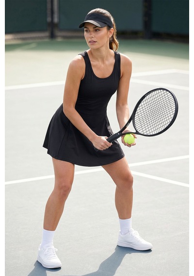 TOMMYLIFE Siyah İçi Taytlı Kadın Tenis Elbise - 97320