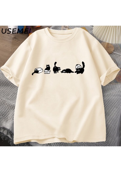 Flood Of Style Beş Ruh Kediler T-shirt Boy Kedi Anne Tee Komik Pamuk Kısa Kollu Kedi Severler T Shirt Erkek Haki