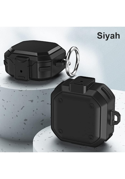 Samsung Galaxy Buds Core Kılıf Darbeye Dayanıklı Sert Koruyucu + Askılık Siyah Galaxy Buds Core İle Uyumlu Kılıf - Siyah