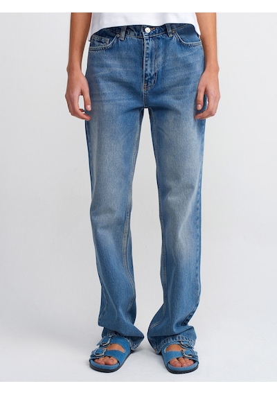 Dilvin Vintage Görünümlü Wideleg Denim Pantolon Mavi