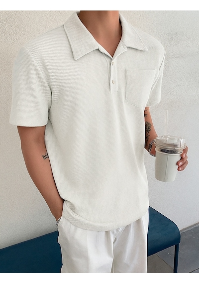 Genius Store Erkek Oversize Polo Yaka Waffle T-shirt Poloyaka-düğmeli Beyaz