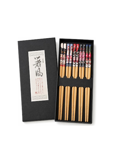 Valkyrie 5 Çift Japon Tarzı Ahşap Yemek Çubuğu Seti Kaymaz Uçlu Kedi Desenli Kutulu Chopstik Seti