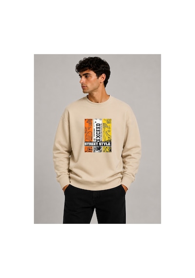 Herkesemoda Exceed Baskı Detaylı Bisiklet Yaka Şardonlu 2 İplik Sweatshirt Bej